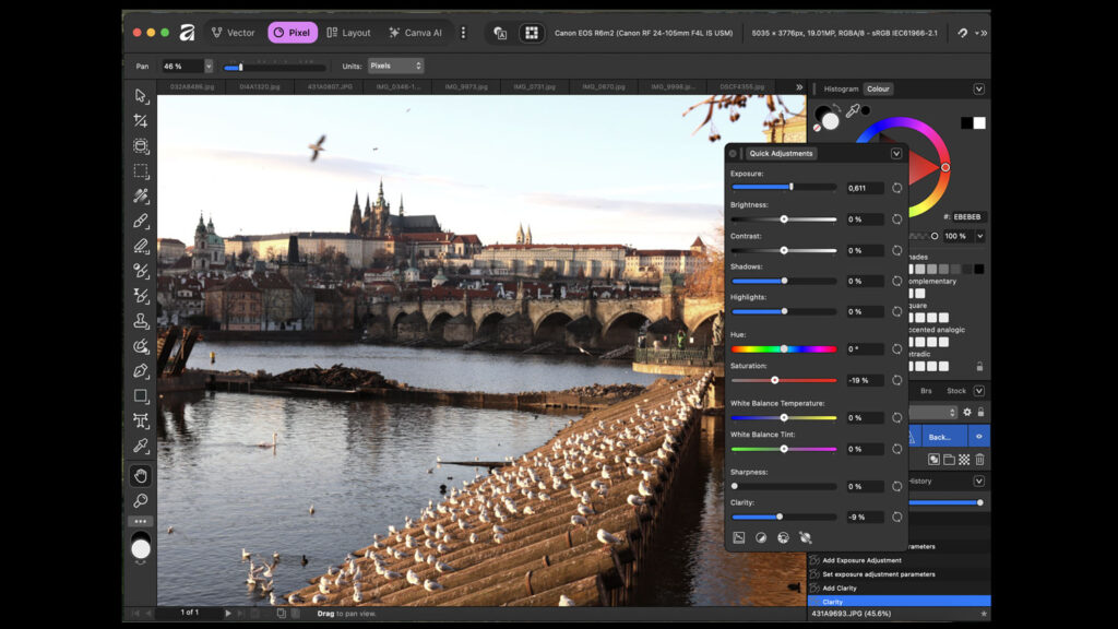Affinity - program na úpravu fotek zdarma - tutoriál - rozložení panelů