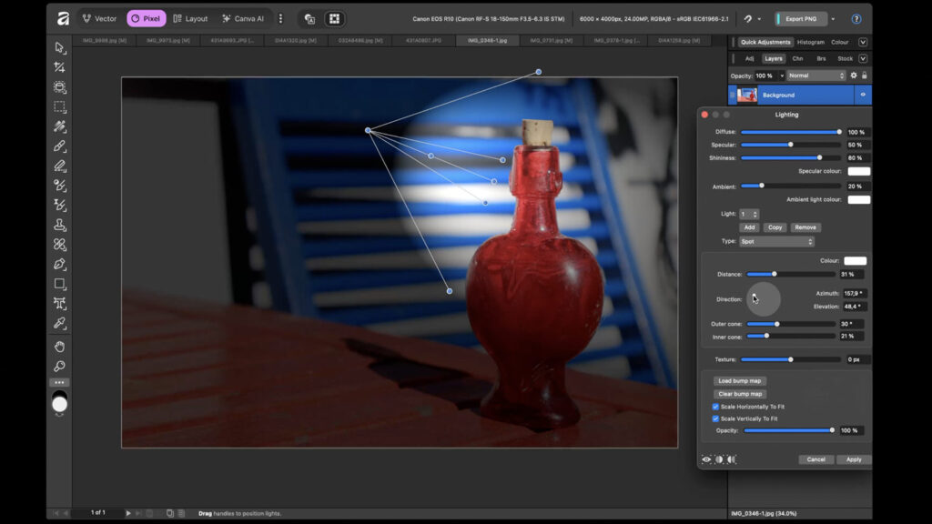 Affinity - program na úpravu fotek zdarma - tutoriál - Filtr Lighting