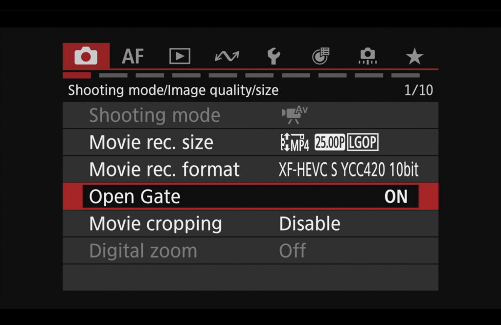 Canon R6 V a nastavení Open Gate v Canonu R6 V