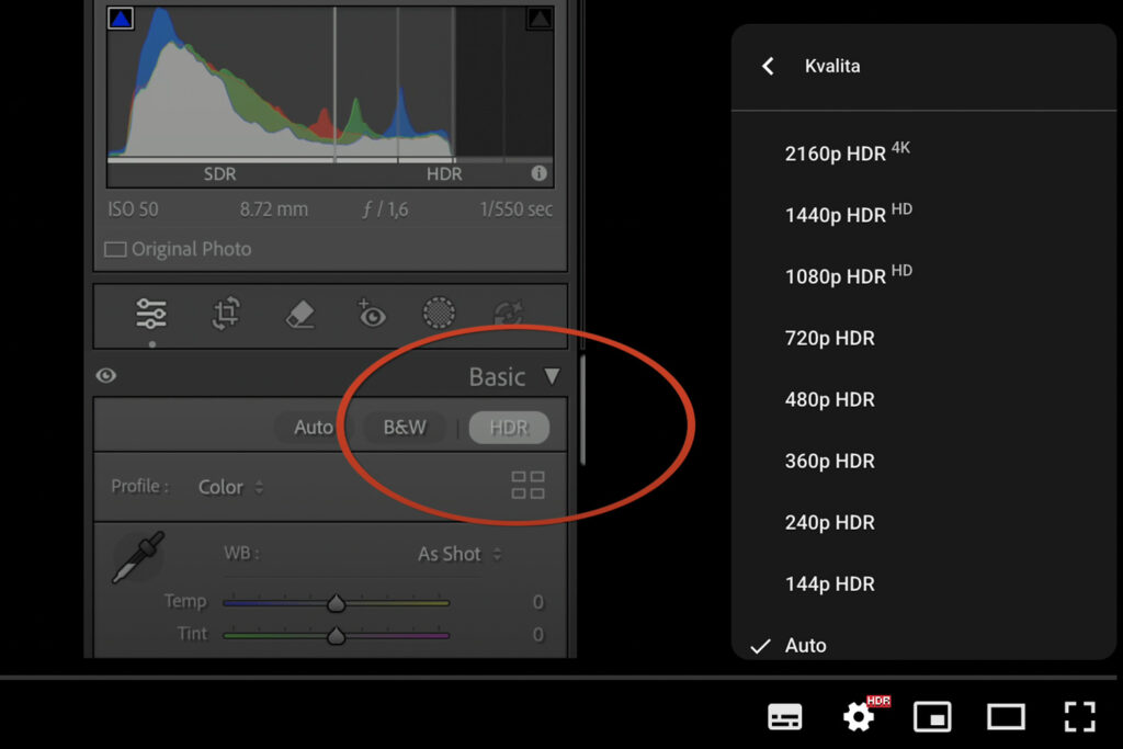 mobily a fotografování do HDR - aktivace HDR v Lightroomu
